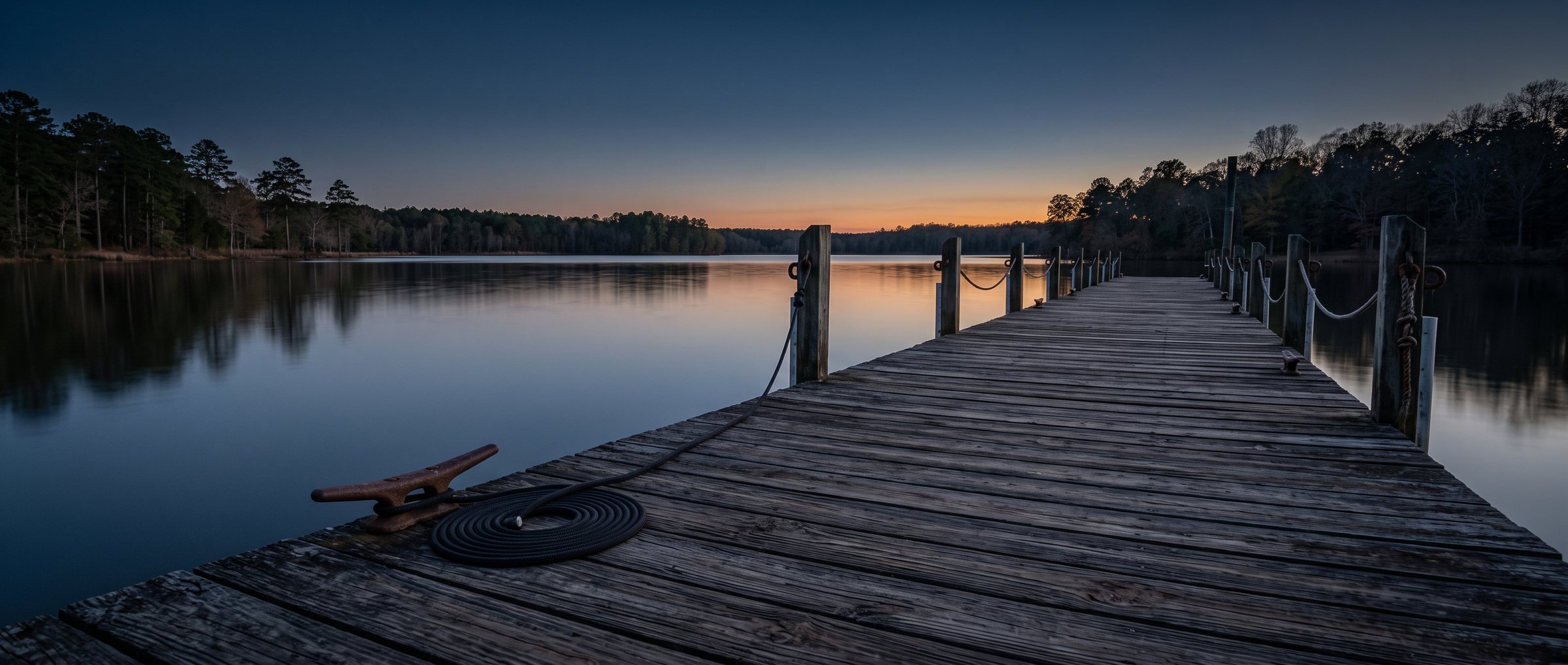 An empty dock on Lake Wateree at dusk