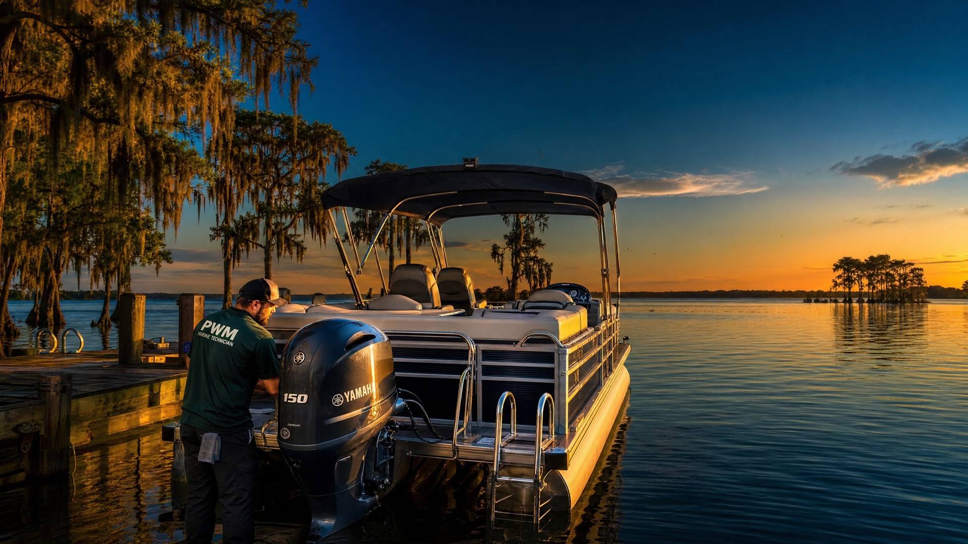 Pontoon boat at a Lake Wateree dock at sunset
